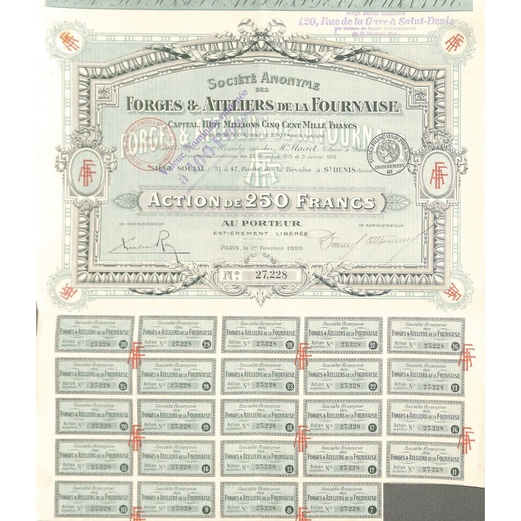 1920 - FORGES ET ATELIERS DE LA FOURNAISE SOC....