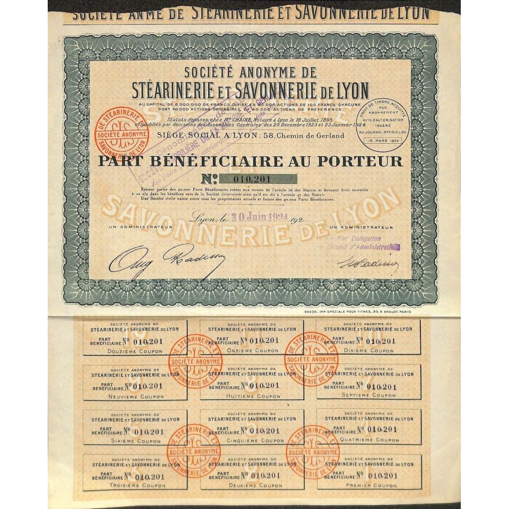 1924 - STEARINERIE ET SAVONNERIE DE LYON SOC....