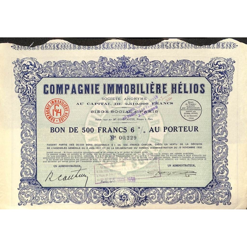 1930 - HELIOS COMPAGNIE IMMOBILIERE (BUONO)