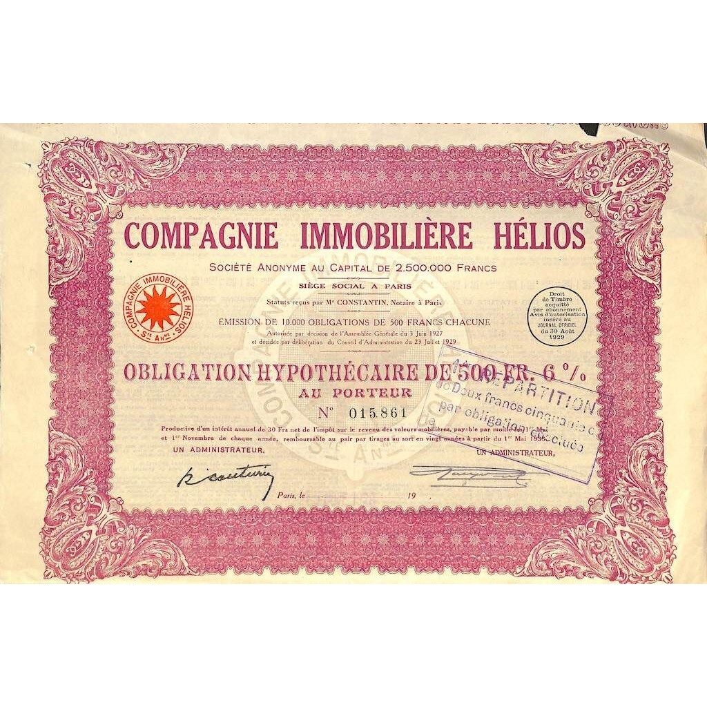 1929 - HELIOS COMPAGNIE IMMOBILIERE (OBBLIGAZIONE)