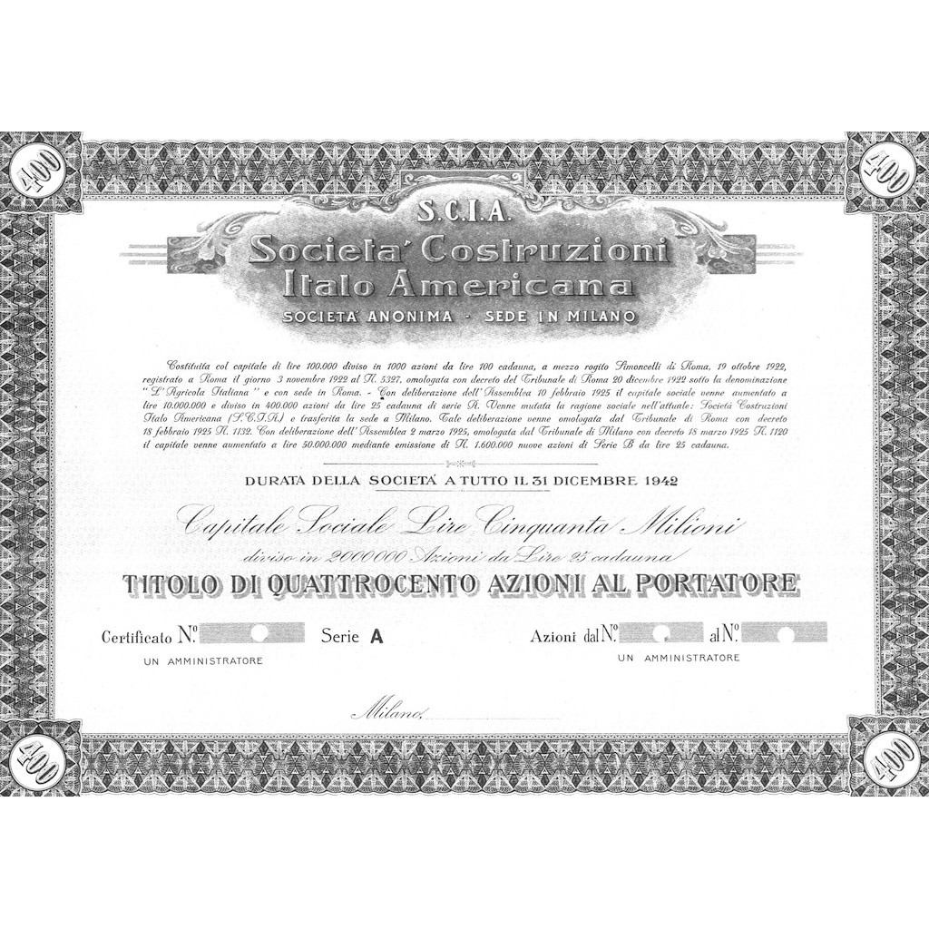 S.C.I.A.-SOC-COSTRUZIONI ITALO AMERICANA - 400 AZIONI MILANO 1922