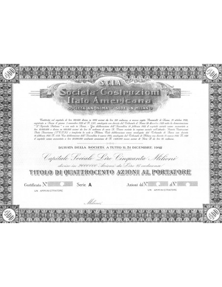 S.C.I.A.-SOC-COSTRUZIONI ITALO AMERICANA - 400 AZIONI MILANO 1922