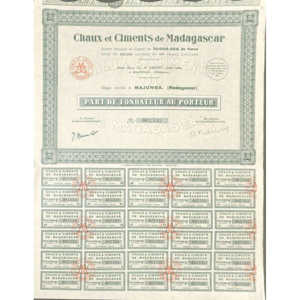 1930 - CHAUX ET CIMENTS DE MADAGASCAR