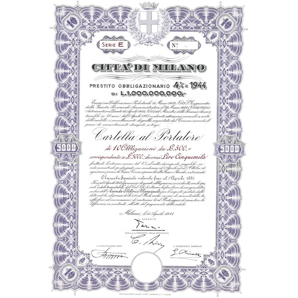 CITTA' DI MILANO - 10 OBBLIGAZIONI 1944