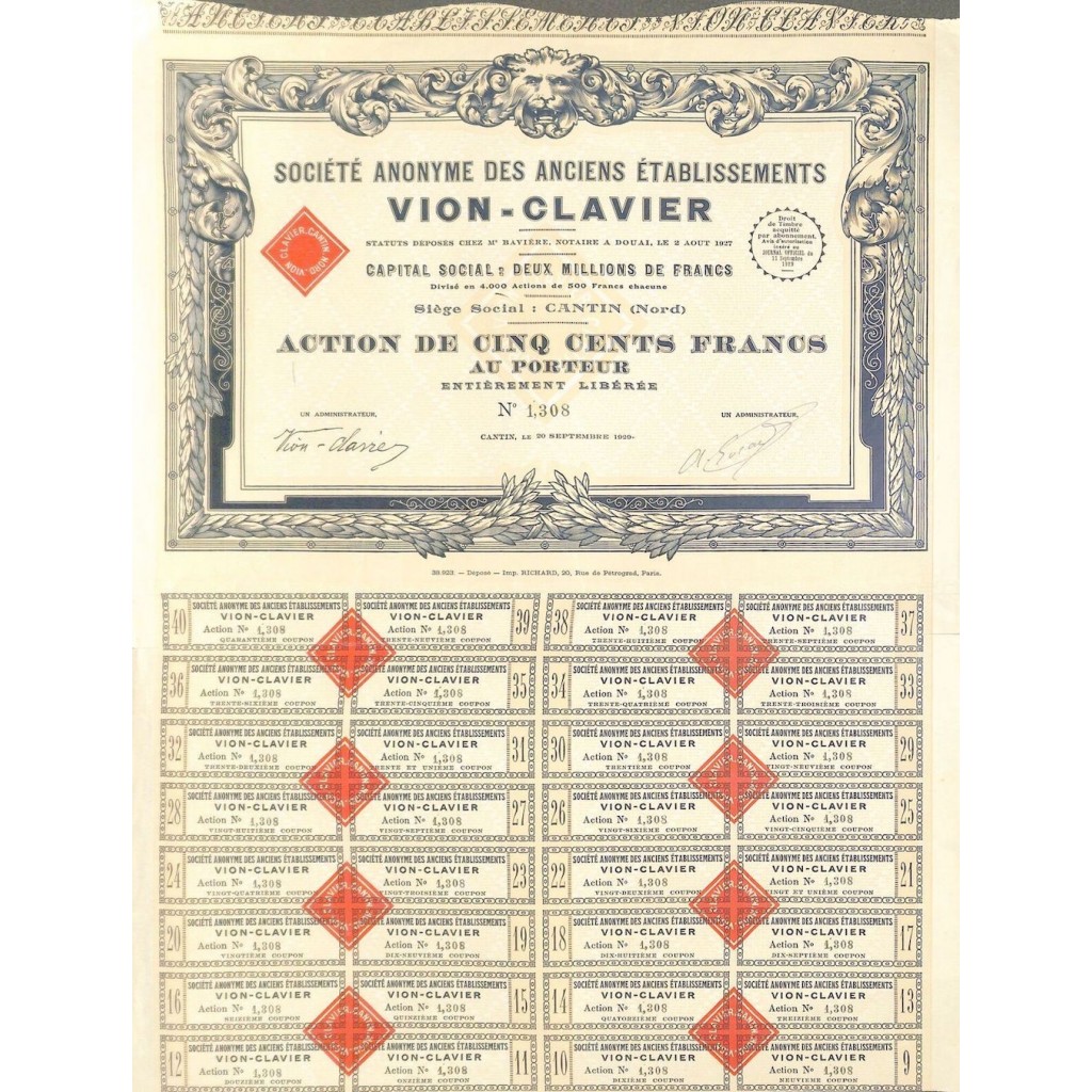 1929 - VION-CLAVIER SOC. ANON. DES ANCIENS ETABLISSEMENTS