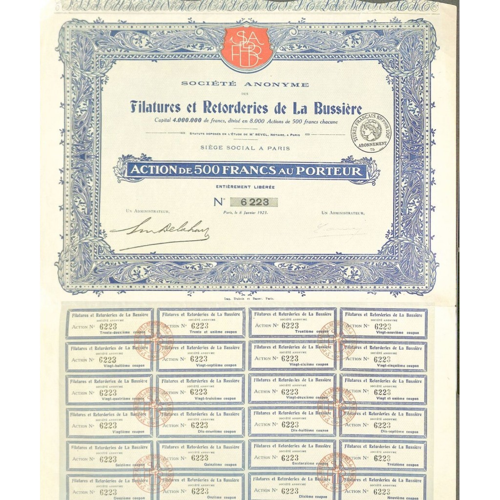 1923 - FILATURES ET RETORDERIES DE LA BUSSIÈRE...