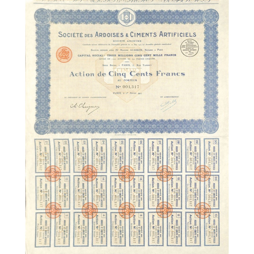 1923 - ARDOISES ET CIMENTS ARTIFICIELS SOC. DES
