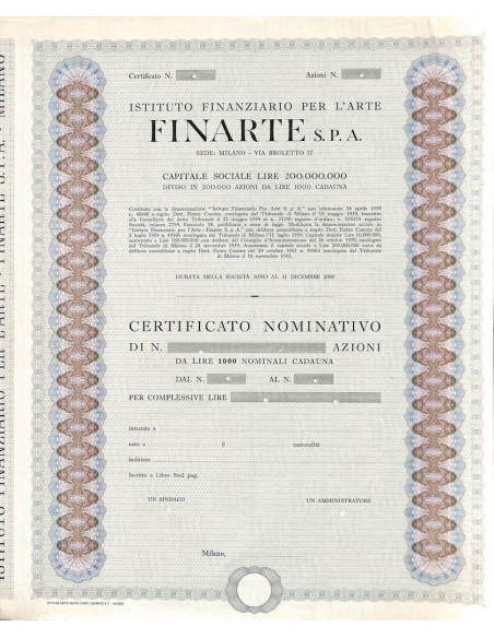ISTITUTO FINANZIARIO PER L'ARTE FINARTE SPA - AZIONI - MILANO 1959