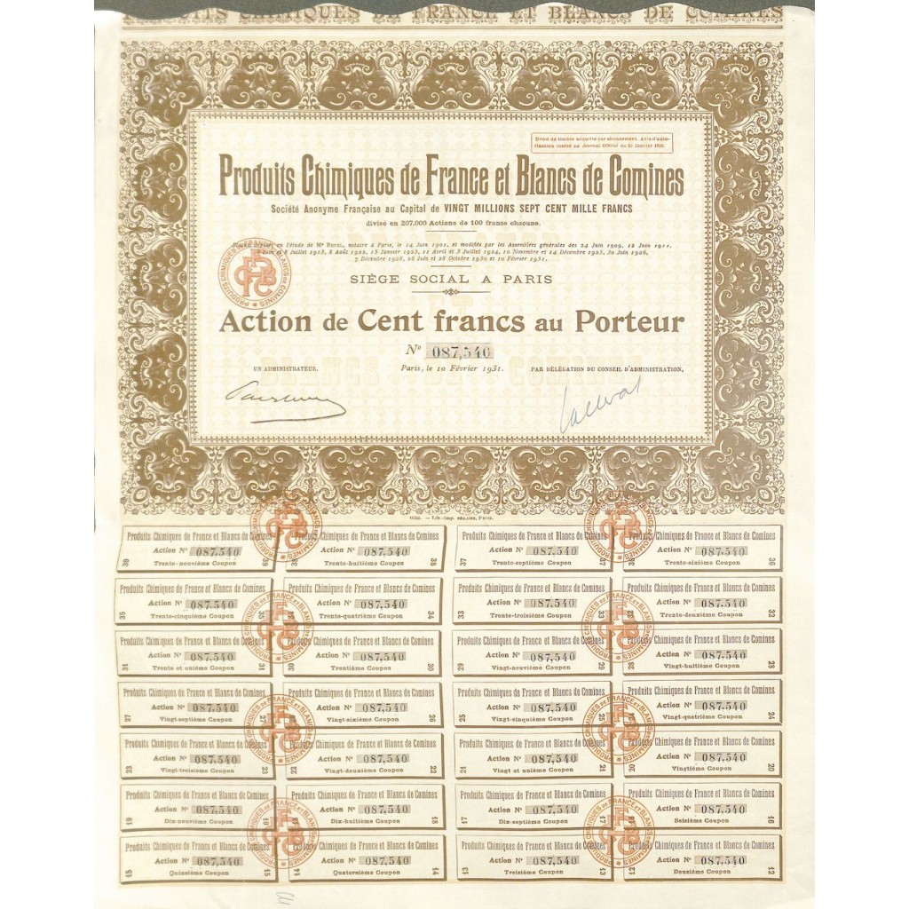 1931 - PRODUITS CHIMIQUES DE FRANCE ET BLANCS...