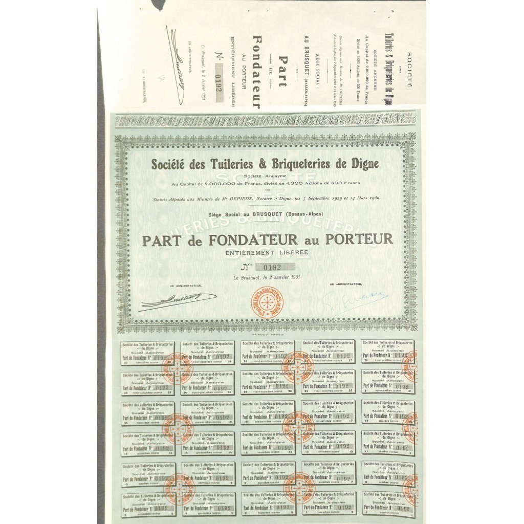 1931 - TUILERIES ET BRIQUETERIES DE DIGNE SOC....