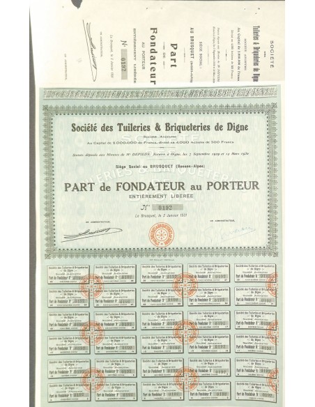 1931 - TUILERIES ET BRIQUETERIES DE DIGNE SOC. DES (PARTE DI FOND.)