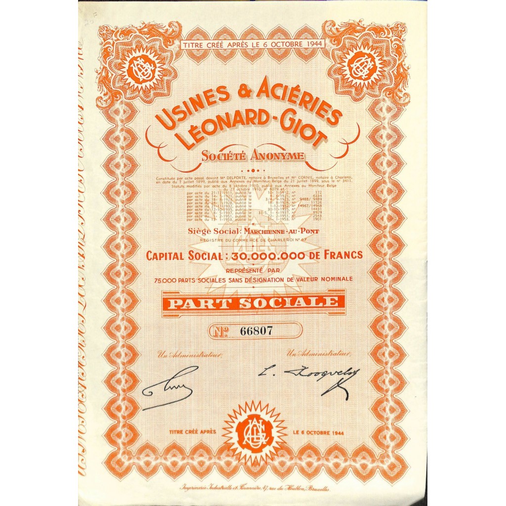 1944 - USINES ET ACIERIES LEONARD-GIOT
