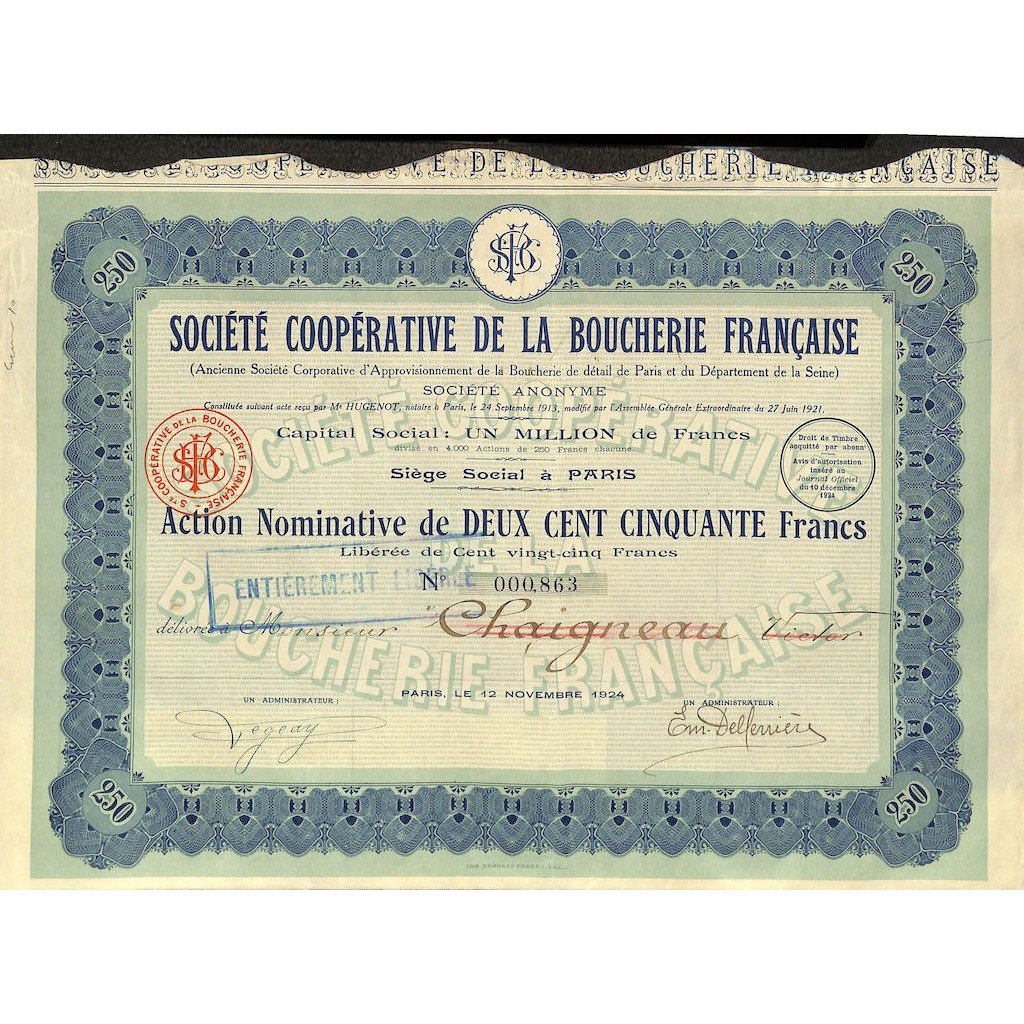 1924 - COOPERATIVE DE LA BOUCHERIE FRANCAISE SOC.