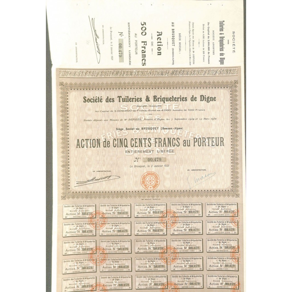 1931 - TUILERIES ET BRIQUETERIES DE DIGNE SOC....