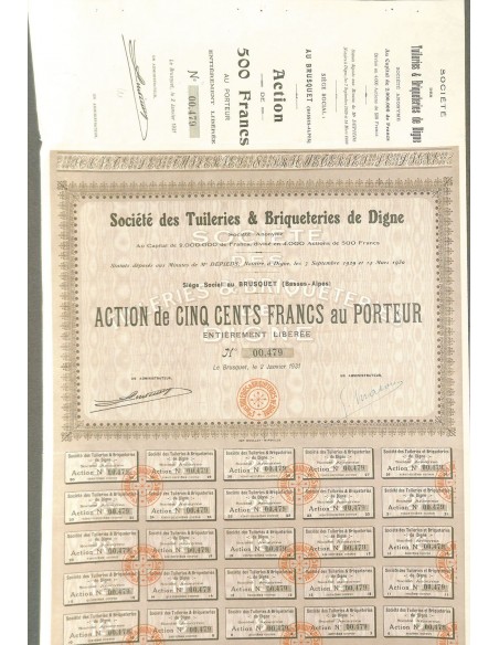 1931 - TUILERIES ET BRIQUETERIES DE DIGNE SOC. DES (AZIONE)