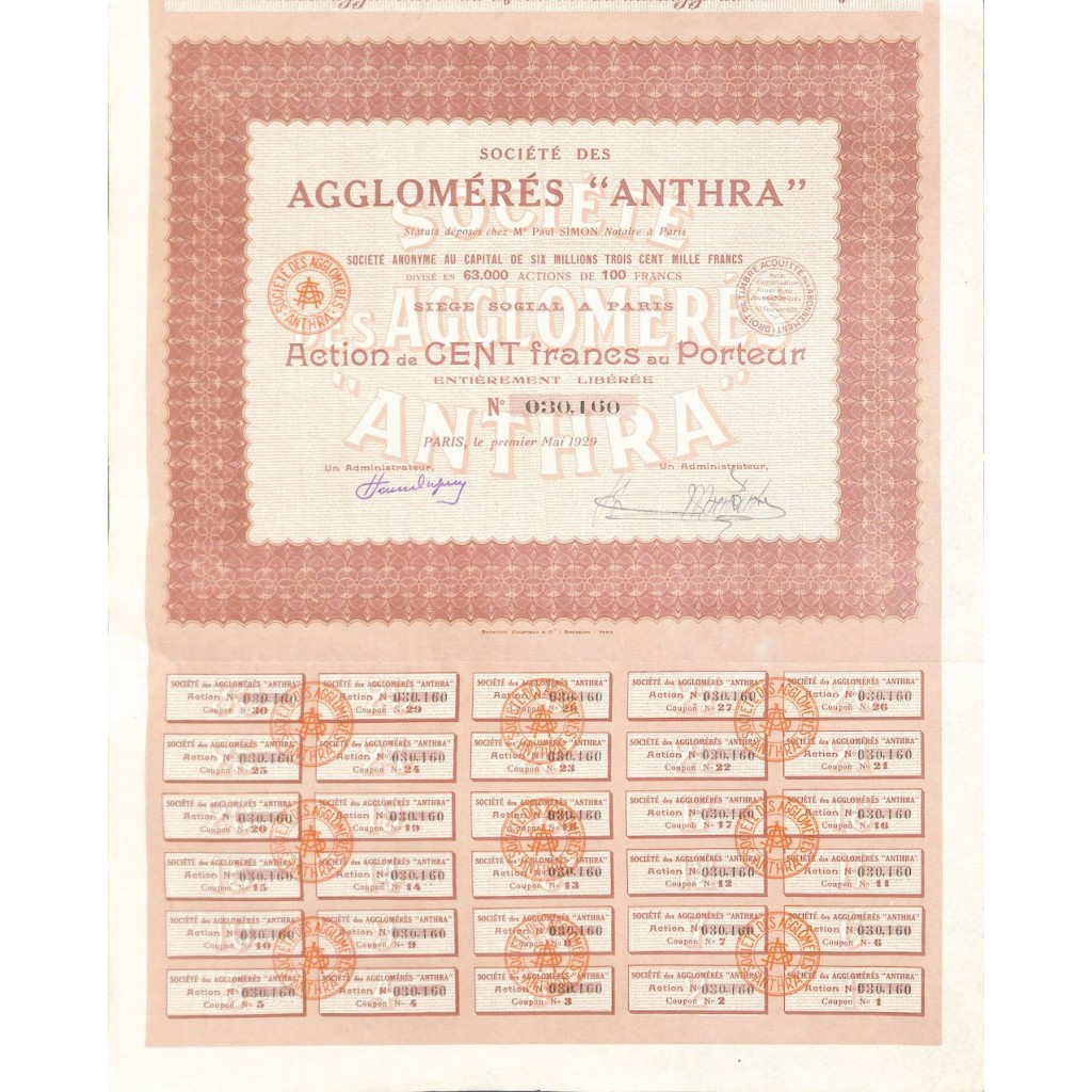1929 - AGGLOMÉRÉS ANTHRA SOC. DES