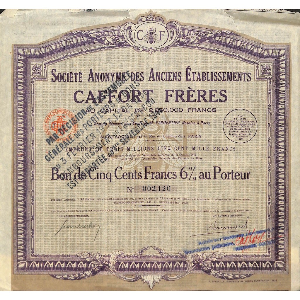 1929 - CAFFORT FRERES SOC. ANON. DES ANCIENS ETABLISS.