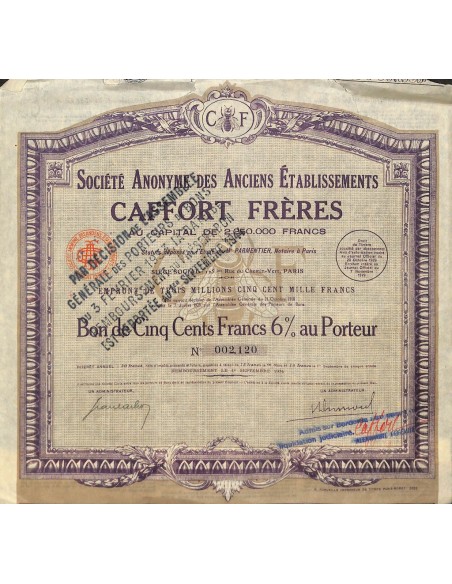 1929 - CAFFORT FRERES SOC. ANON. DES ANCIENS ETABLISS.