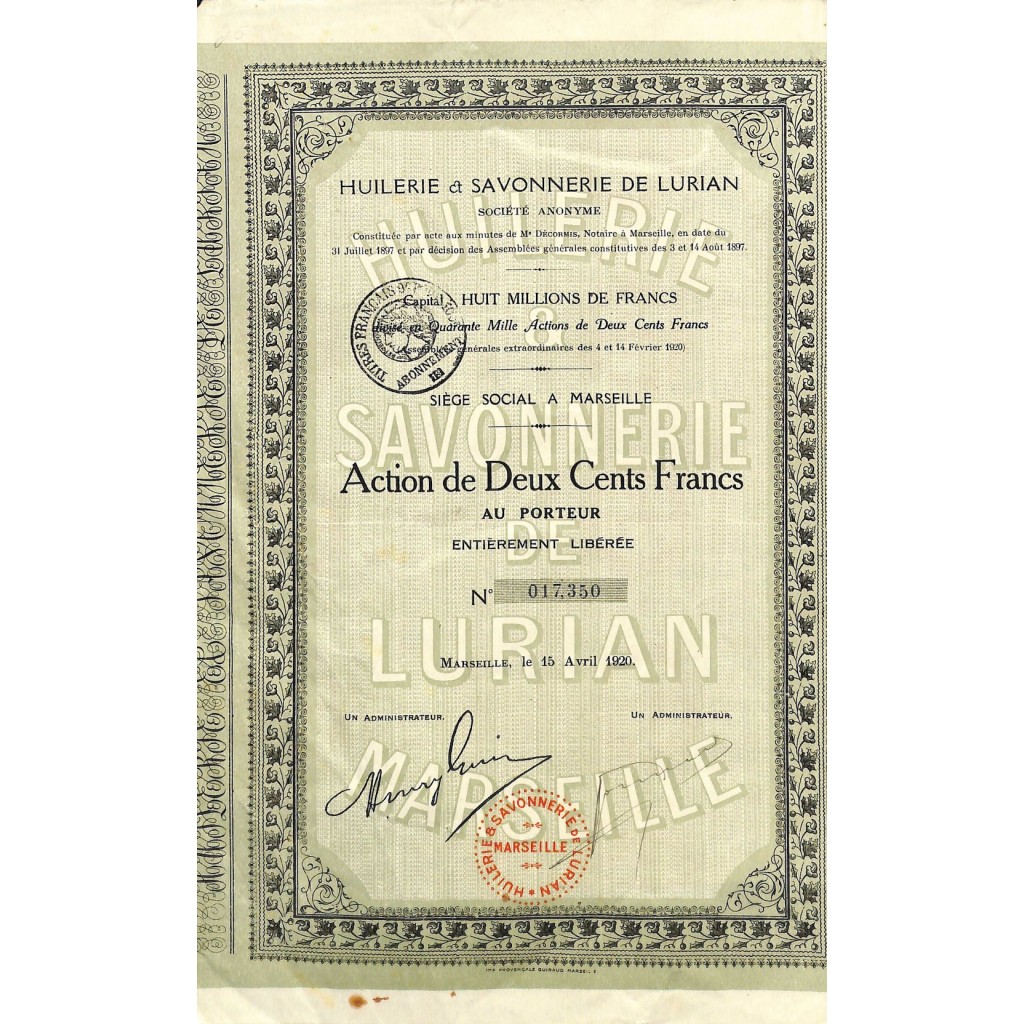 1920 - HUILERIE ET SAVONNERIE DE LURIAN