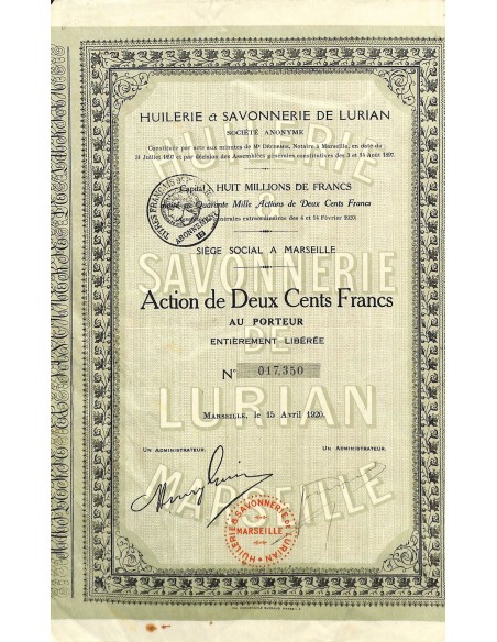 1920 - HUILERIE ET SAVONNERIE DE LURIAN