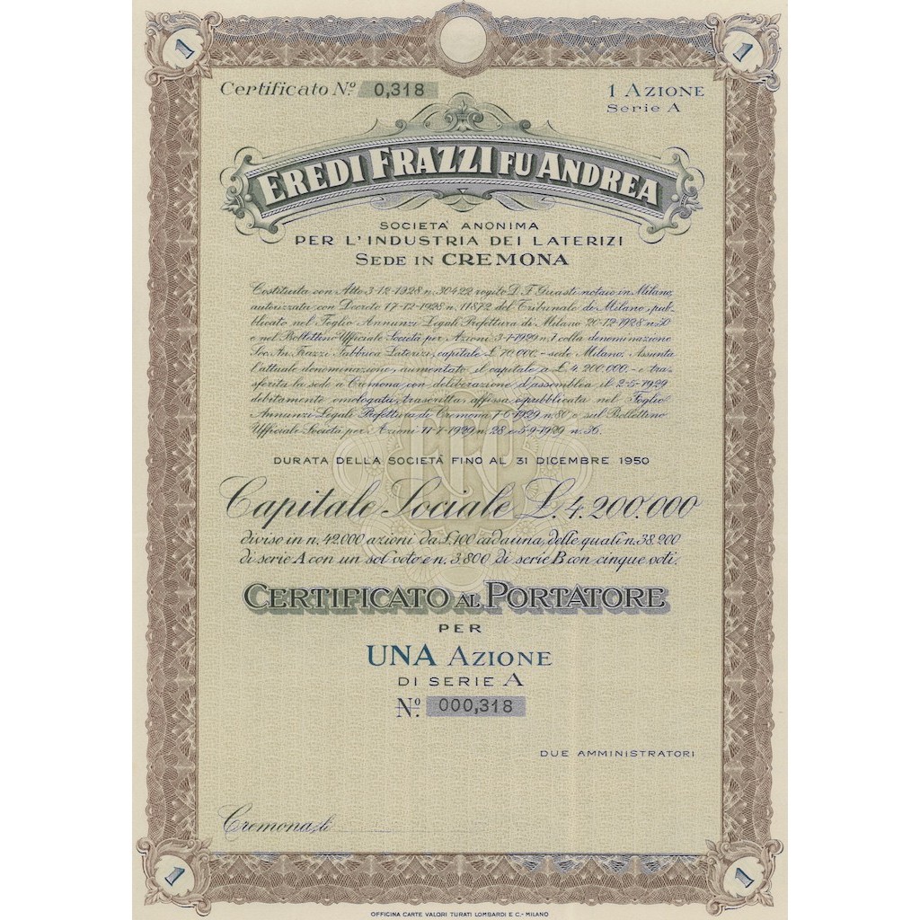 EREDI FRAZZI FU ANDREA SOC. ANONIMA INDUSTRIA LATERIZI 1 AZIONE CREMONA 1928