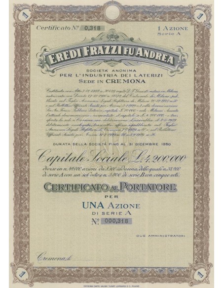 EREDI FRAZZI FU ANDREA SOC. ANONIMA INDUSTRIA LATERIZI 1 AZIONE CREMONA 1928