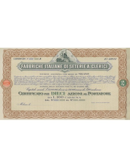 FABBRICHE ITALIANE DI SETERIE A. CLERICI - 10 AZIONI 1906 MILANO