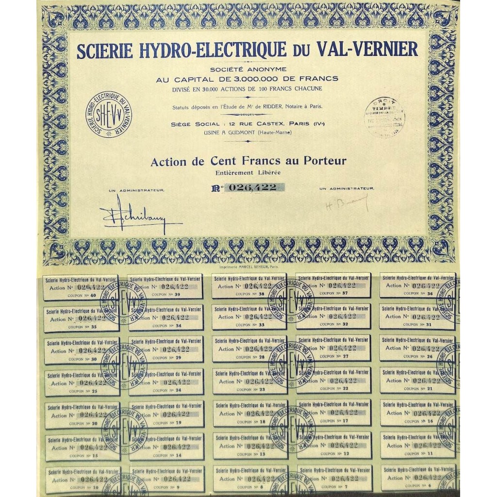 1928 - SCIERIE HYDRO-ELECTRIQUE DU VAL-VERNIER