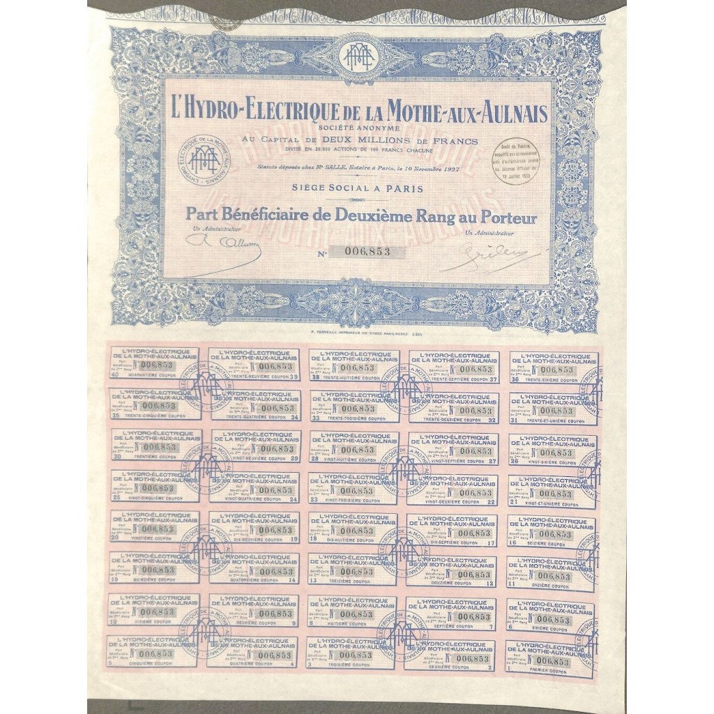 1930 - L'HYDRO-ELECTRIQUE DE LA MOTHE-AUX-AULNAIS
