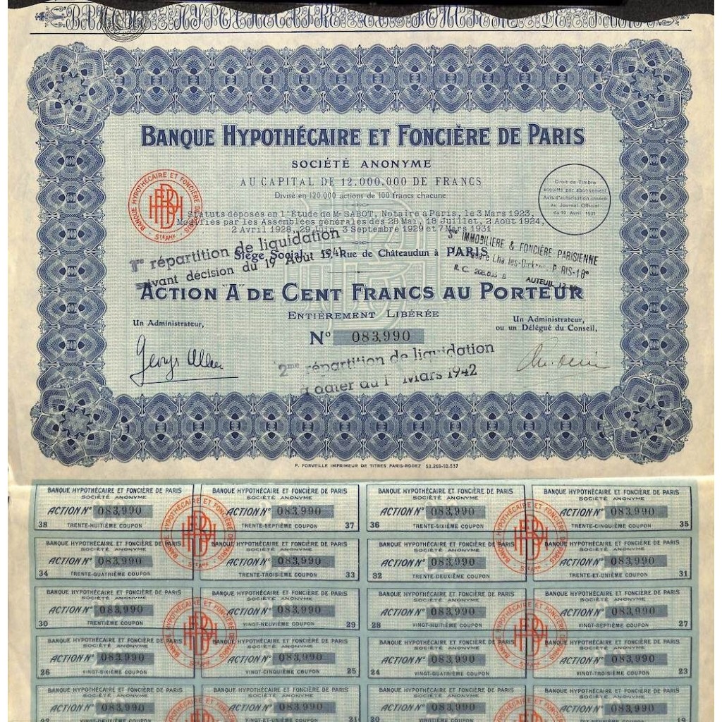 1931 - BANQUE HYPOTHECAIRE ET FONCIERE DE PARIS