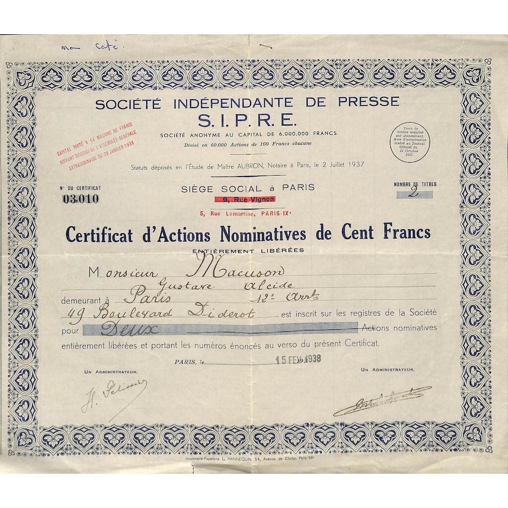 1938 - S.I.P.R.E. SOC. INDEPENDANTE DE PRESSE