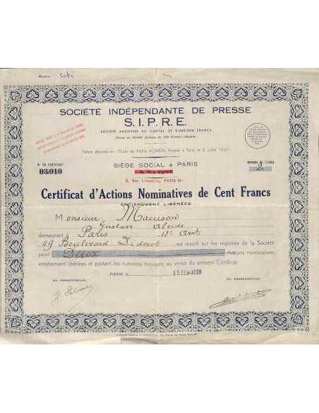 1938 - S.I.P.R.E. SOC. INDEPENDANTE DE PRESSE