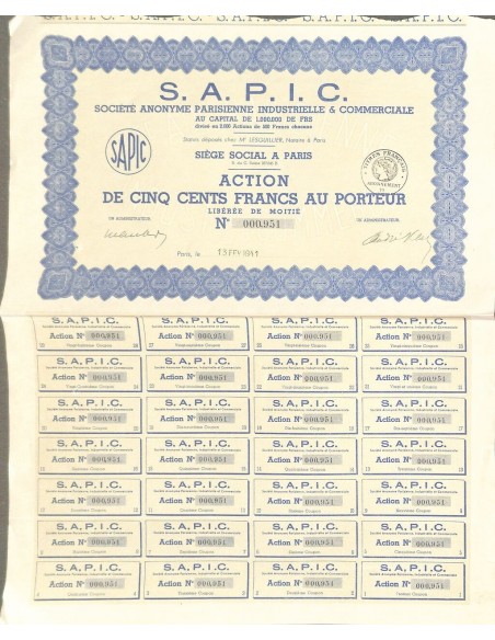 1941 - S.A.P.I.C. SOC. ANON. PARISIENNE INDUSTRIELLE ET COMMERCIALE