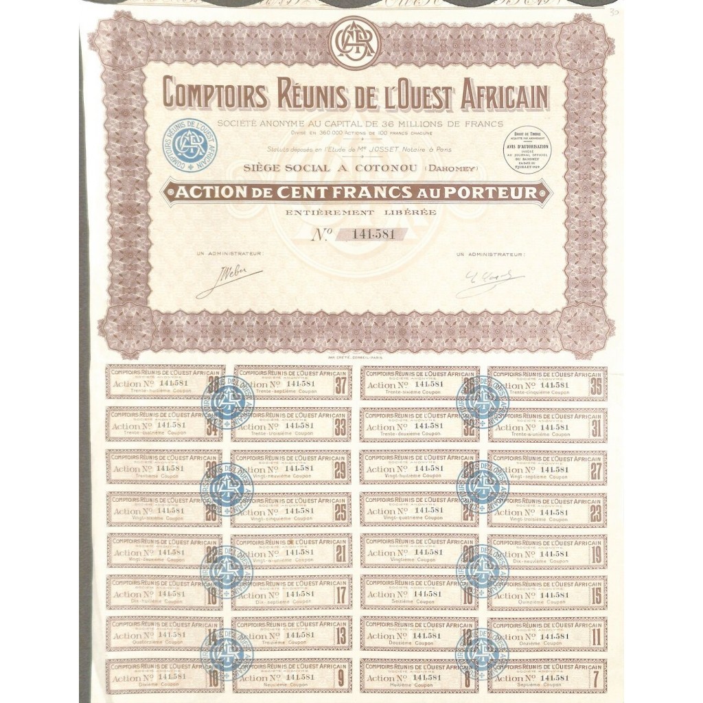 1929 - COMPTOIRS REUNIS DE L'OUEST AFRICAIN