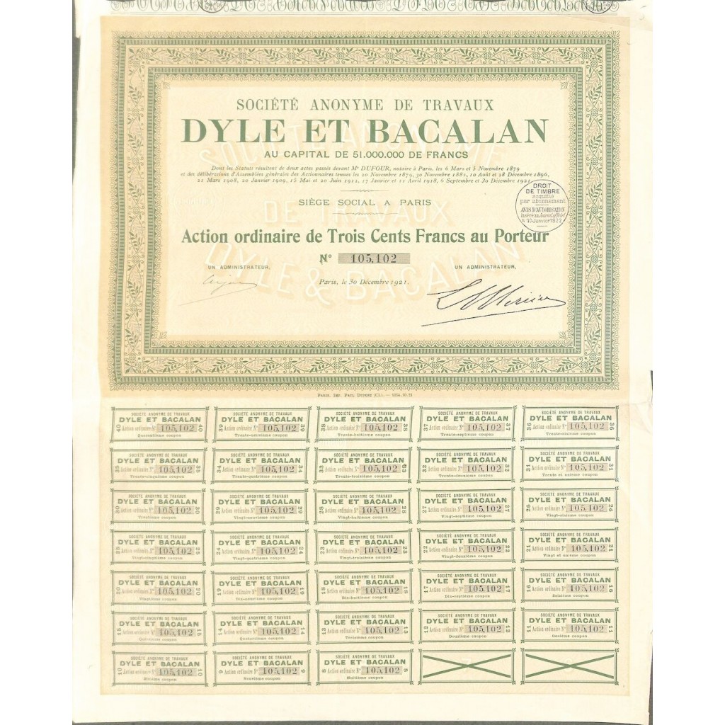 1921 - DYLE ET BACALAN SOC. ANON. DE TRAVAUX