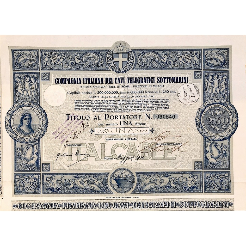 1924 - COMPAGNIA ITALIANA DEI CAVI TELEGRAFICI SOTTOMARINI - UNA AZIONE - ROMA