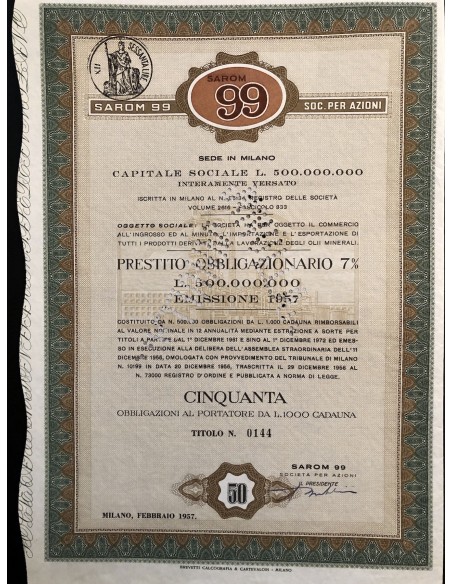 1957 SAROM 99 SPA - 100 OBBLIGAZ. 7% MILANO