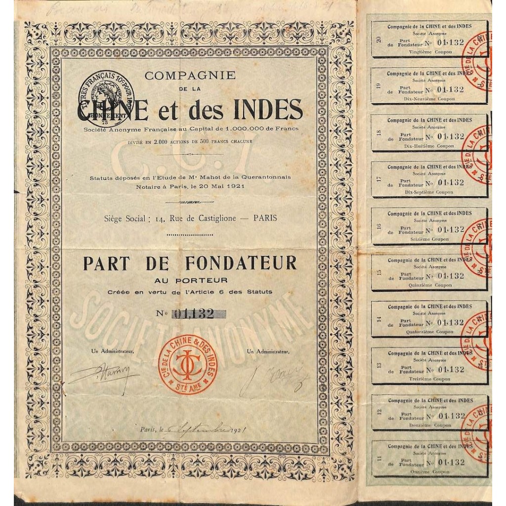 1921 - CHINE ET DES INDES COMPAGNIE DE LA