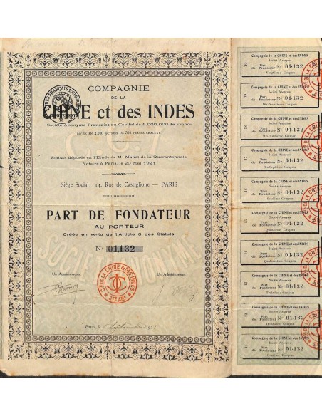 1921 - CHINE ET DES INDES COMPAGNIE DE LA