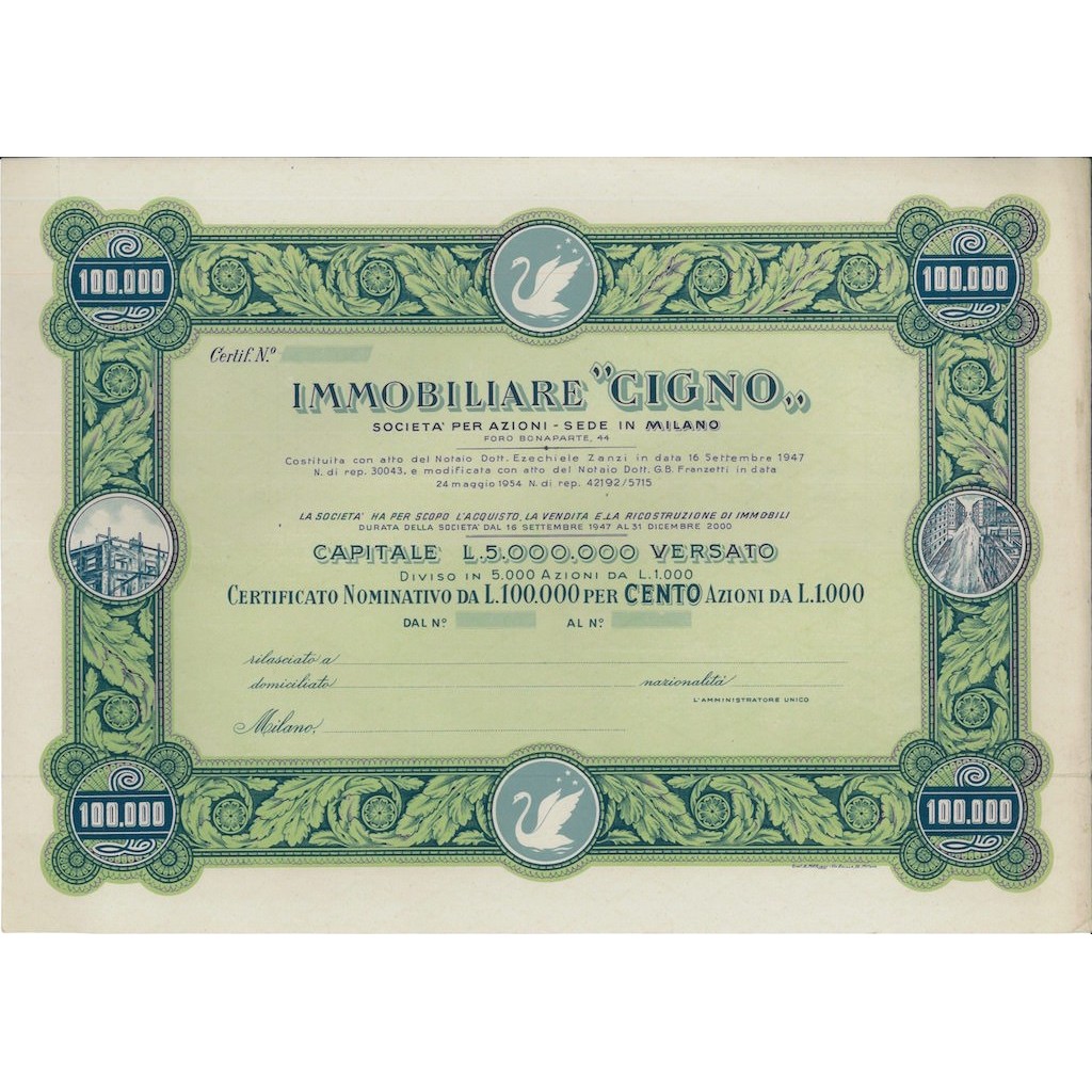 IMMOBILIARE CIGNO - SOC. PER AZIONI - 100 AZIONI MILANO 1947