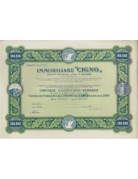 IMMOBILIARE CIGNO - SOC. PER AZIONI - 100 AZIONI MILANO 1947
