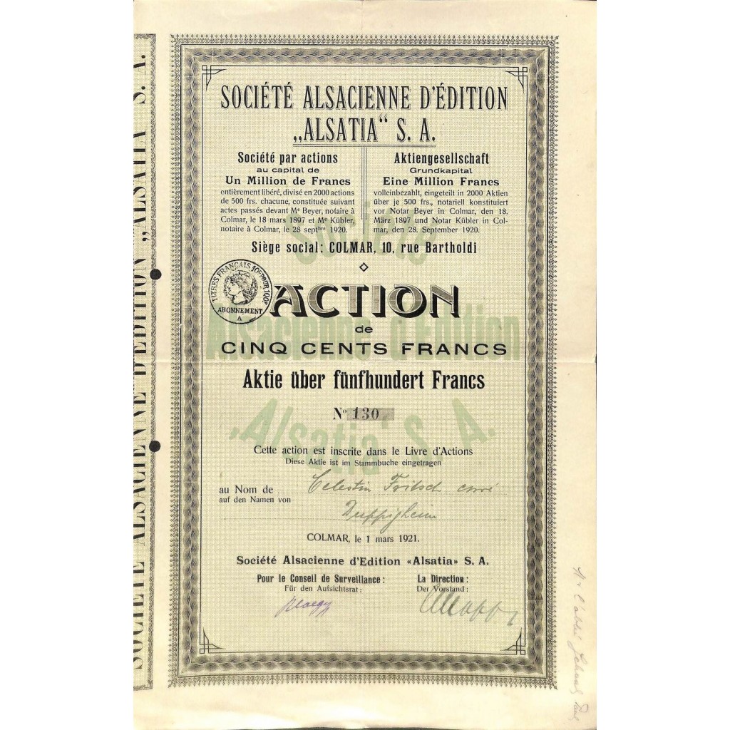 1921 - ALSATIA - SOC. ALSACIENNE D'EDITION