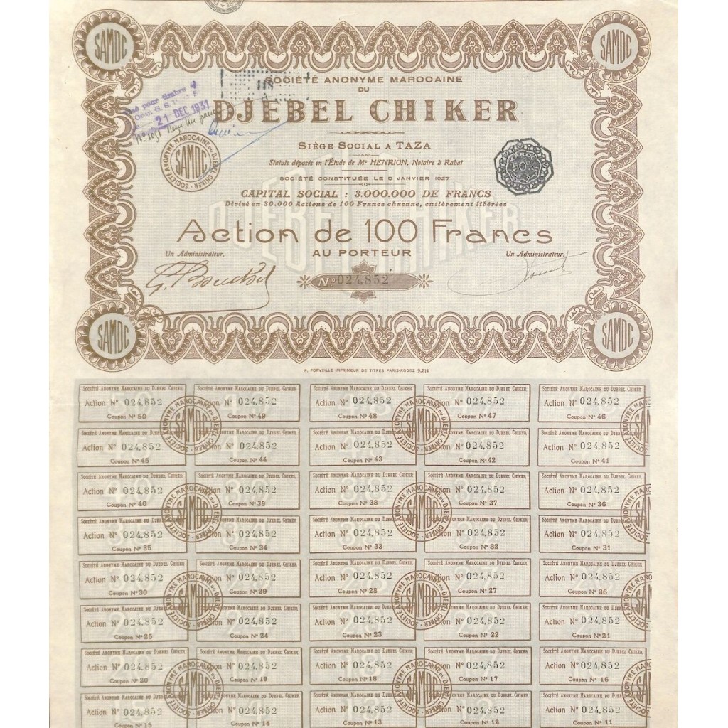 1927 - DJEBEL CHIKER SOC. ANON. MAROCAINE DU
