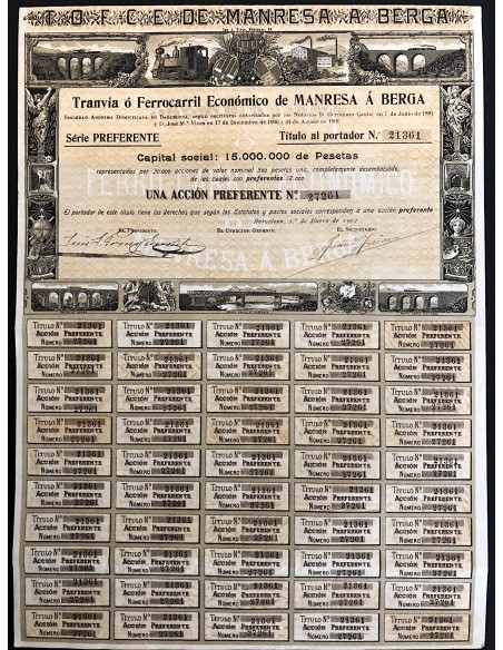 1902 - TRANVIA O FERROCARRIL E. DE MANRESA A BERGA 1 AZIONE  - BARCELONA