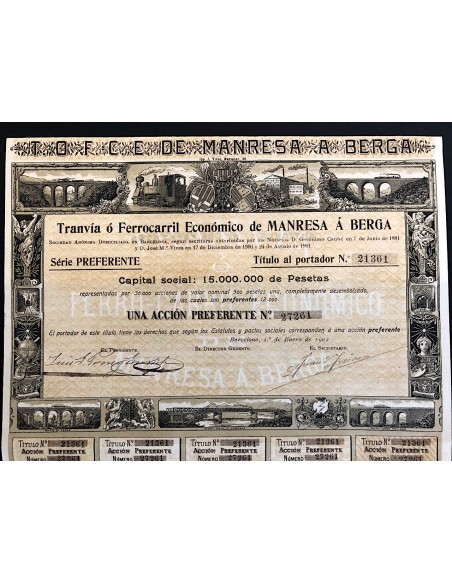 1902 - TRANVIA O FERROCARRIL E. DE MANRESA A BERGA 1 AZIONE  - BARCELONA