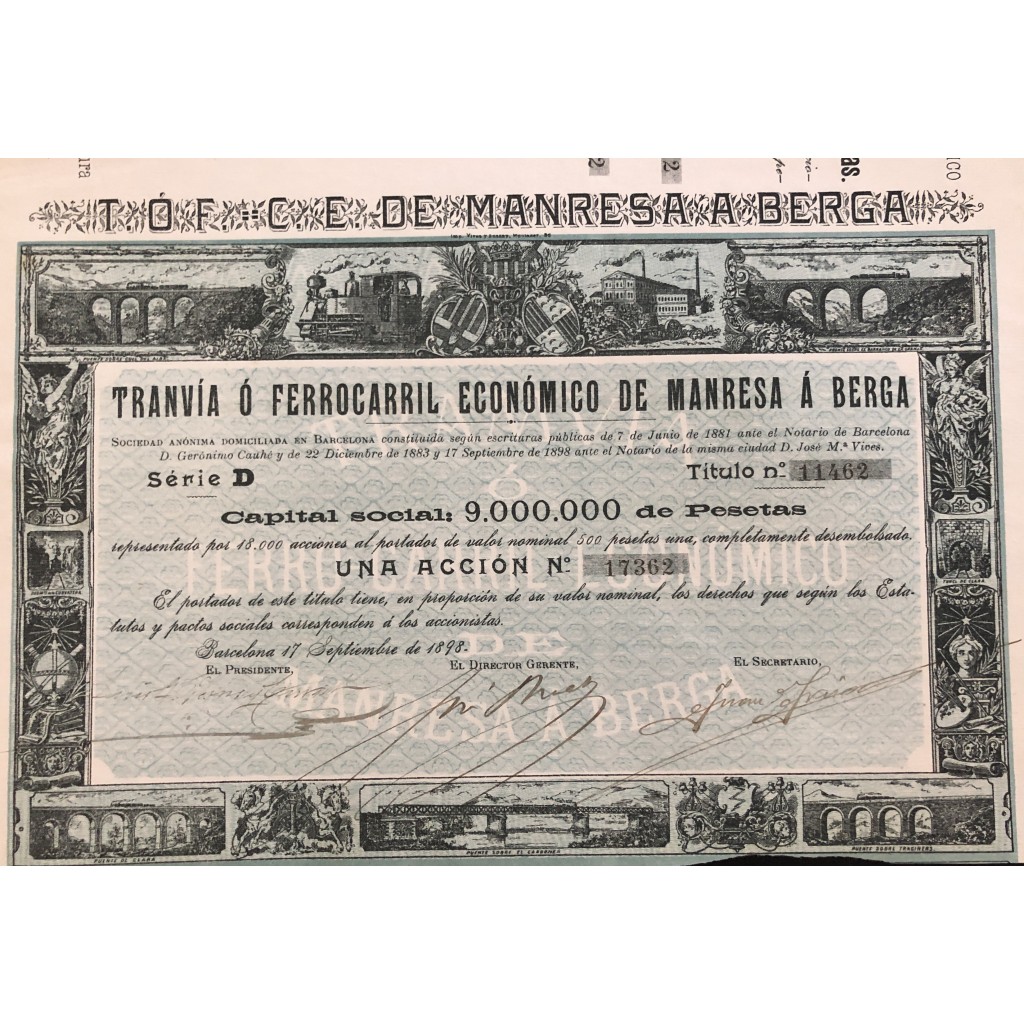 1898 - TRANVIA O FERROCARRIL E. DE MANRESA A BERGA 1 AZIONE  - BARCELONA