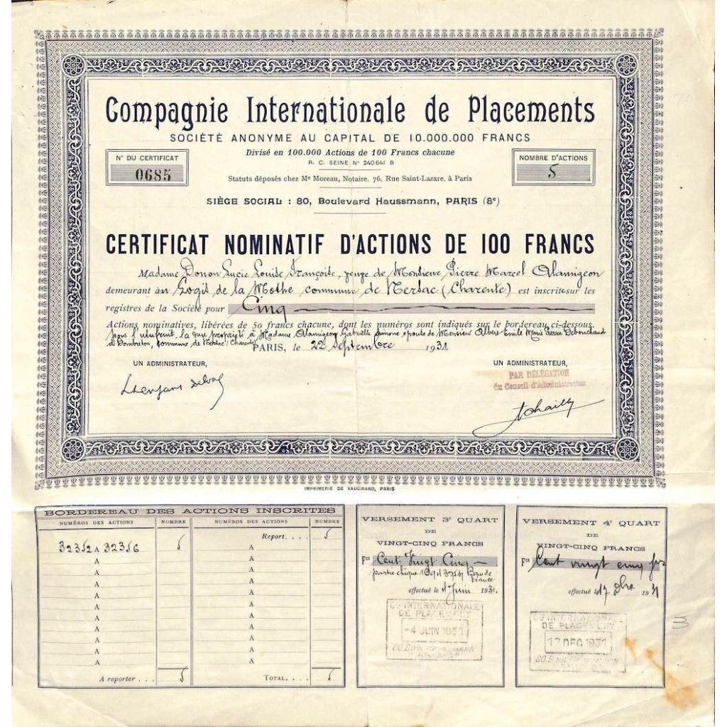 1931 - COMP. INTERNATIONALE DE PLACEMENTS