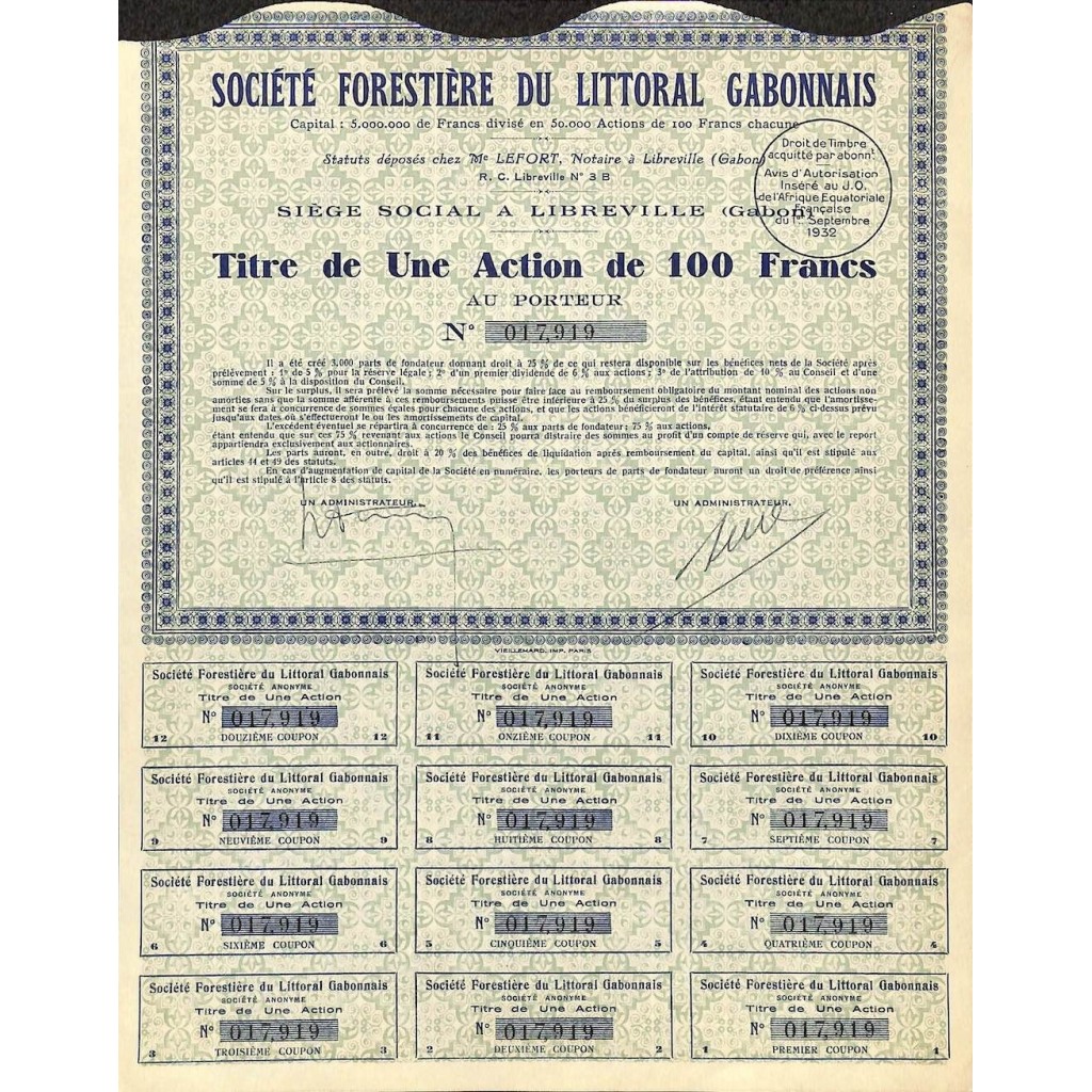 1932 - FORESTIERE DU LITTORAL GABONNAIS SOC.