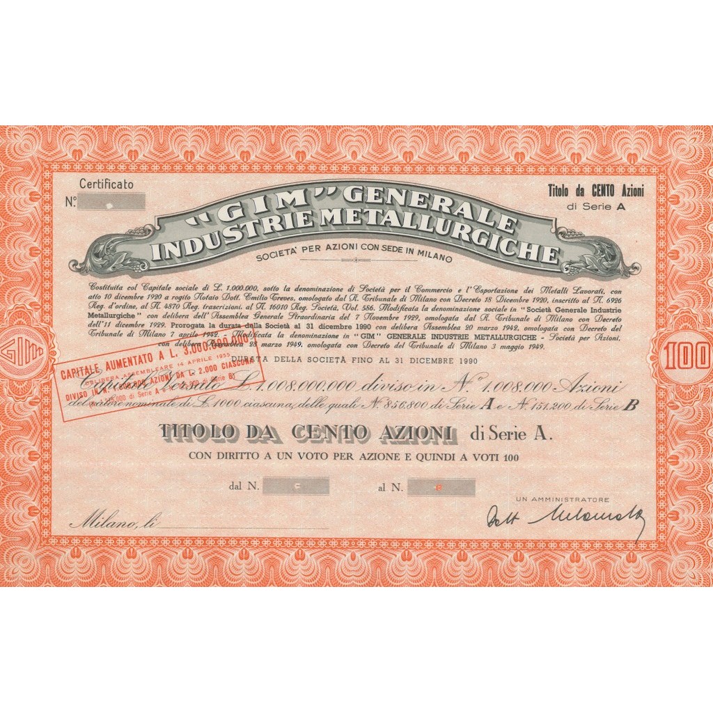 GIM - GENERALE INDUSTRIE METALLURGICHE - 100 AZIONI MILANO 1920