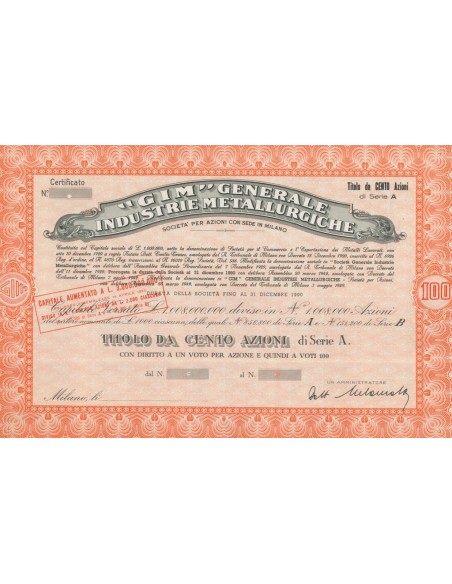 GIM - GENERALE INDUSTRIE METALLURGICHE - 100 AZIONI MILANO 1920